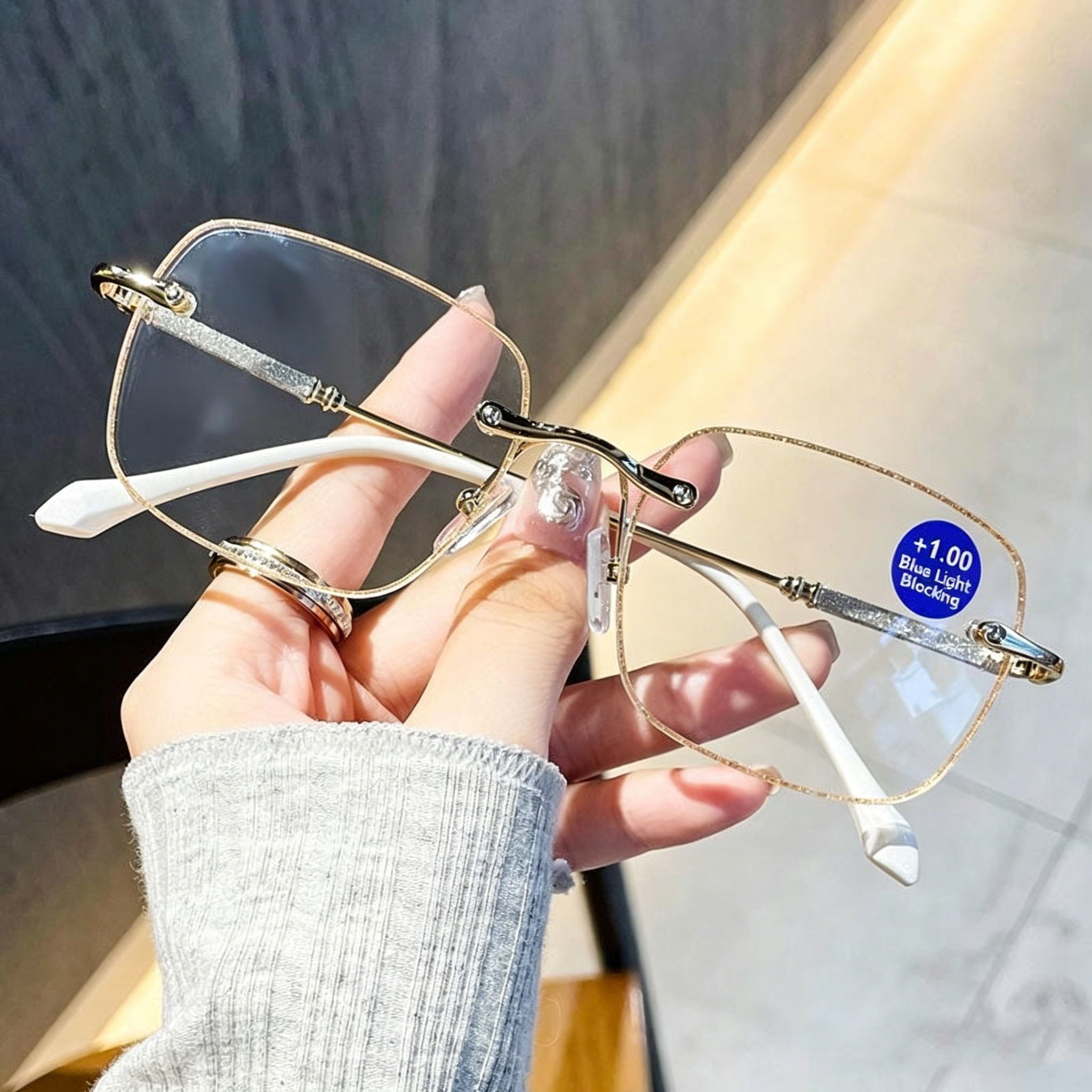 Starry Glitter-Edged, Rimless Square Blue-Light Blocking Reading Glasses — Stylish Women's Readers