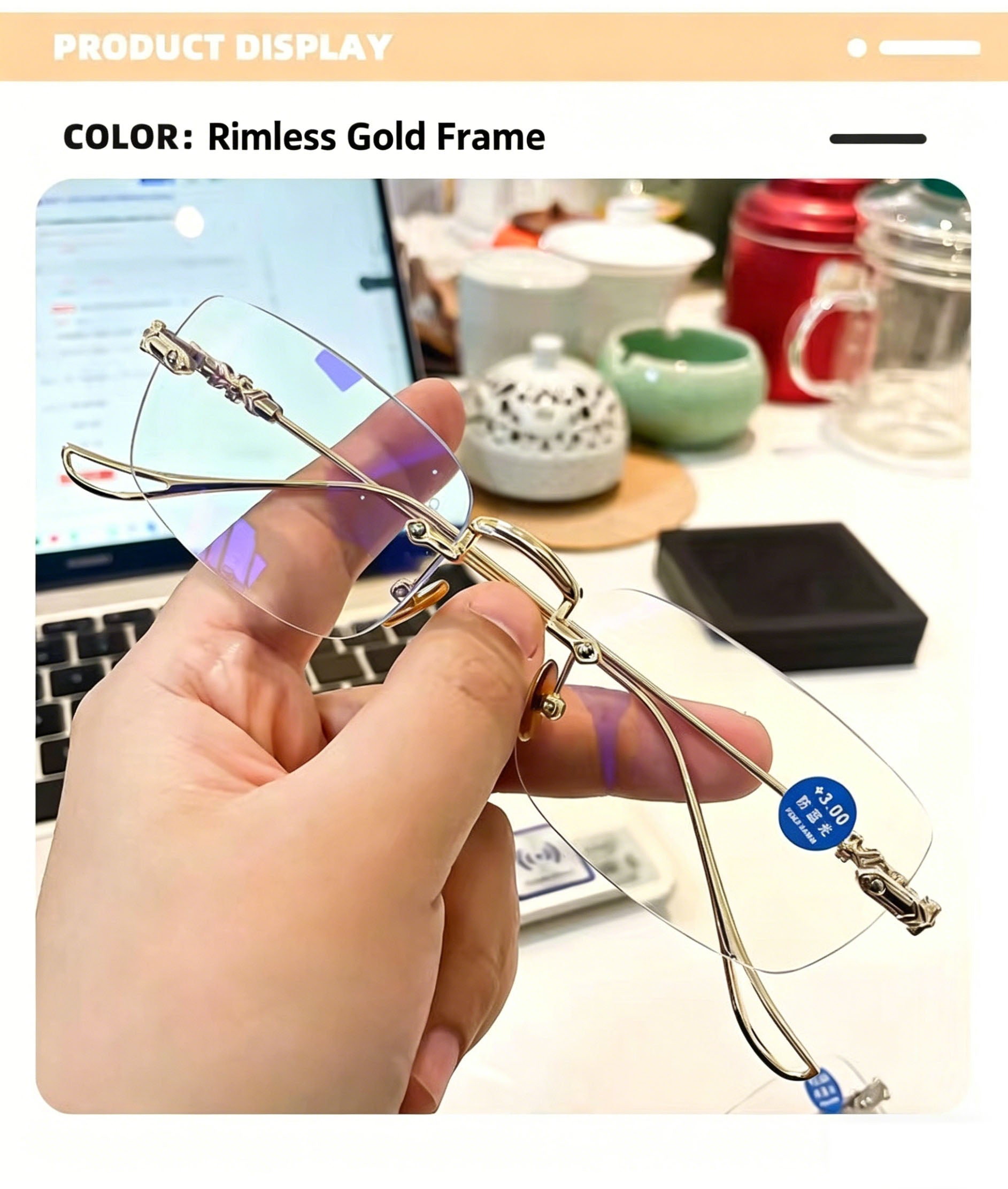 Stylish Rimless Metal Blue-Light Blocking Reading Glasses — Frameless, Cut-Edge, Anti-Radiation Eyewear for Middle-Aged and Senior Adults