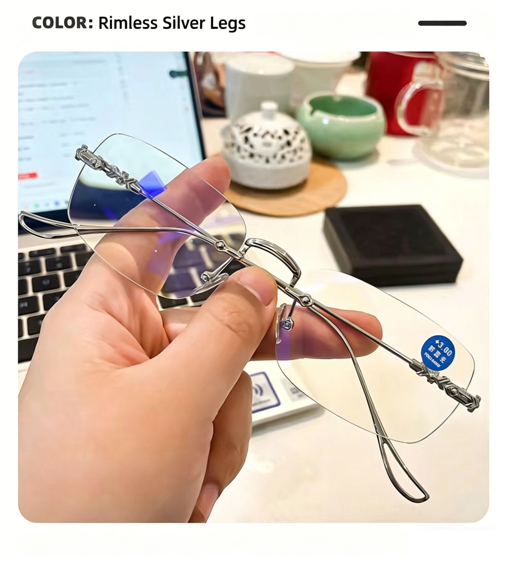 Stylish Rimless Metal Blue-Light Blocking Reading Glasses — Frameless, Cut-Edge, Anti-Radiation Eyewear for Middle-Aged and Senior Adults