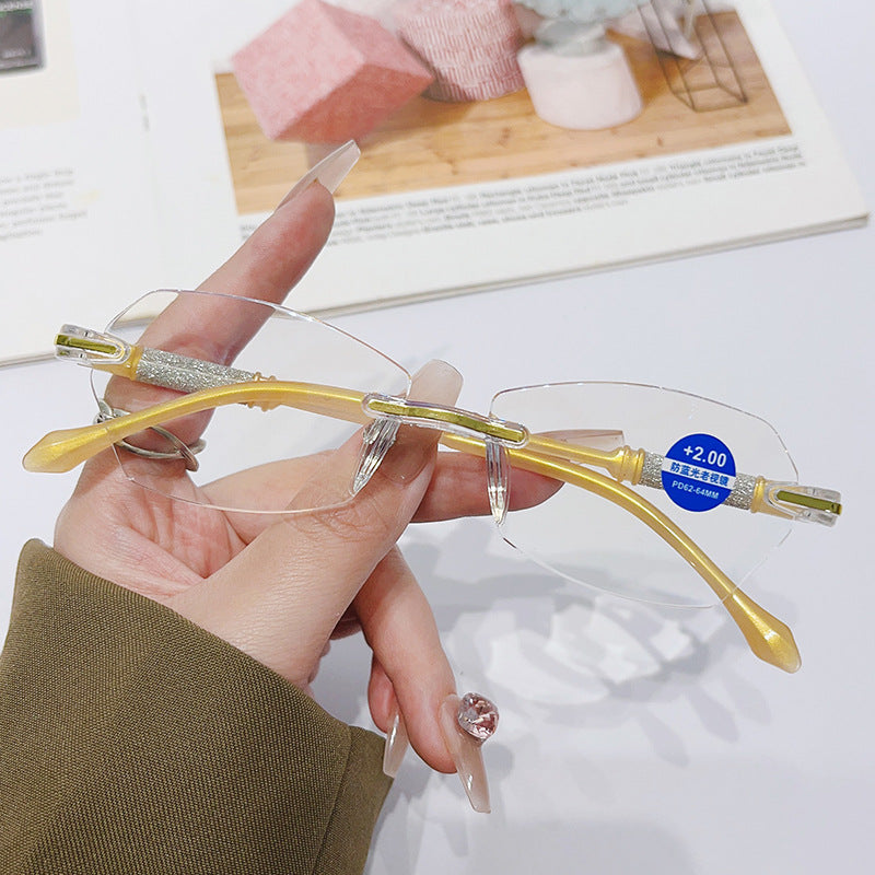 Rimless Women's Reading Glasses — Beveled-Edge Design with Star-Shimmer Accents, Rhinestone Embellishments, and Blue-Light Protection