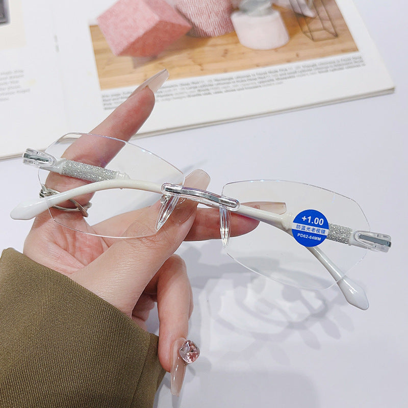 Rimless Women's Reading Glasses — Beveled-Edge Design with Star-Shimmer Accents, Rhinestone Embellishments, and Blue-Light Protection